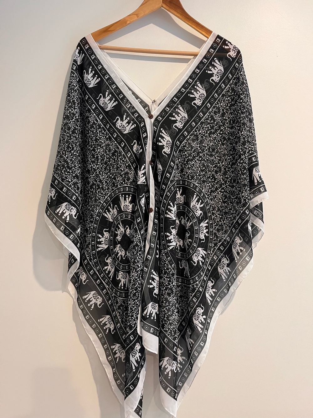 Elephant Print Kimono Cover Up Button Front Silky Boho Black White Tribal Artsy